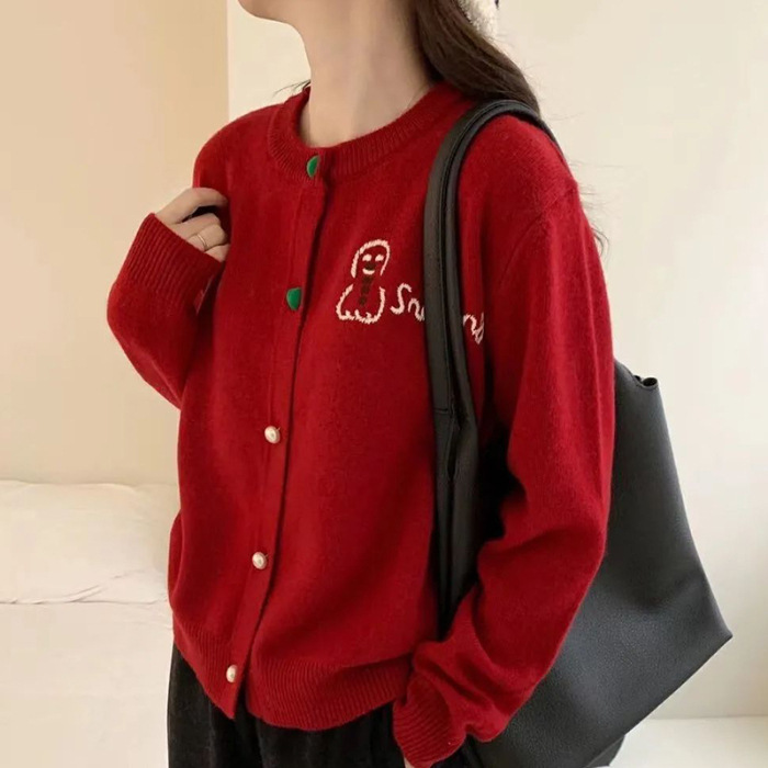 2024 Primavera y otoño nueva perla hebilla cuello redondo casual top coat Carta bordada de estilo coreano de las mujeres suéter de punto cardigan