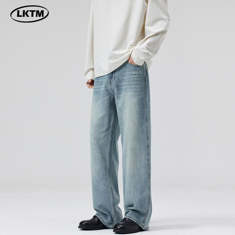 LKTM Men's# Spring and Summer light blue Washed Cat Whiskers Jeans Men's and Women's Trendy All-match Loose Straight Pants