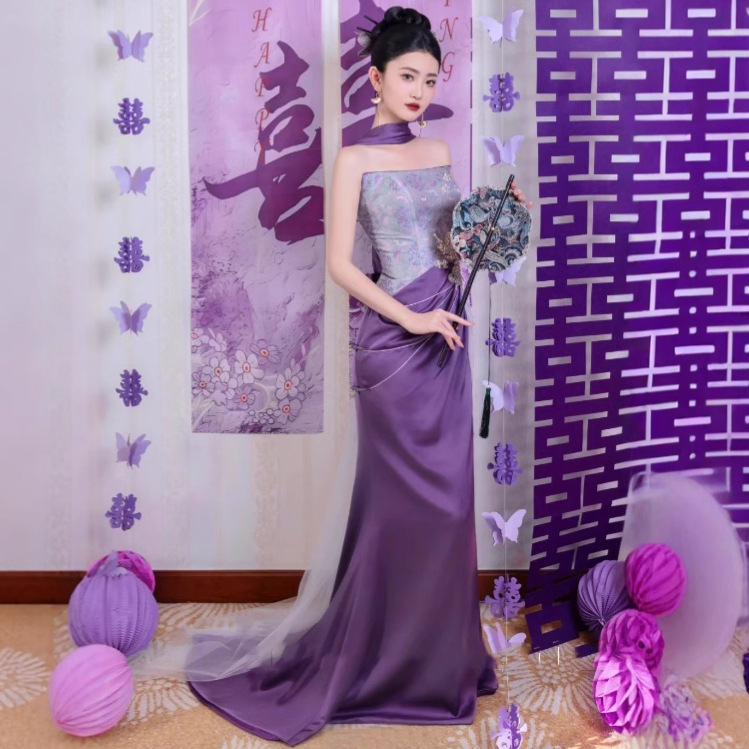 Purple Morning Gown Bride 2026 New Light Luxury Niche Bride Toast Dress Banquet Dress Host Strapless Dress