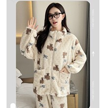 秋冬季新款乌龙桃水蜜桃睡衣套装女加绒加厚保暖宽松家居服珊瑚绒