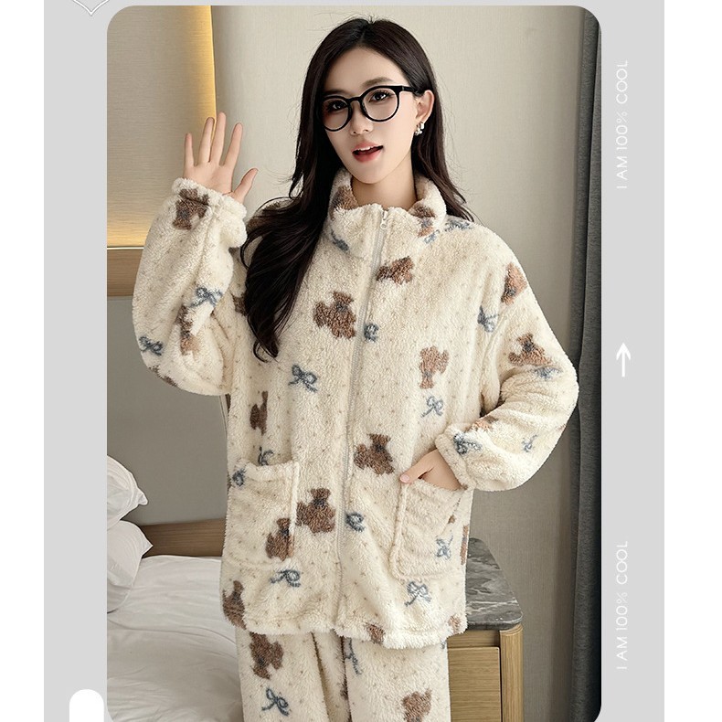 秋冬季新款乌龙桃水蜜桃睡衣套装女加绒加厚保暖宽松家居服珊瑚绒