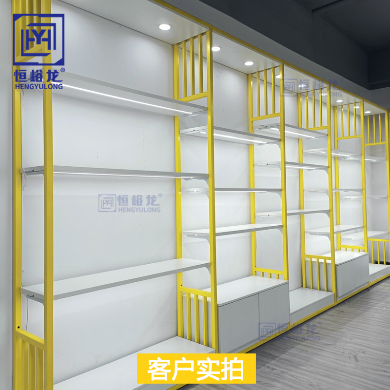 Estanterías de Exhibición para Supermercados, Estructura de Acero y Madera, Modelo Hengyu, Bolsas de Papelería Gruesas, Almacenamiento Personalizado para Cosméticos