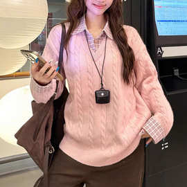 减龄麻花Polo领长袖毛衣女装冬季休闲格子拼接针织衫粉色打底上衣