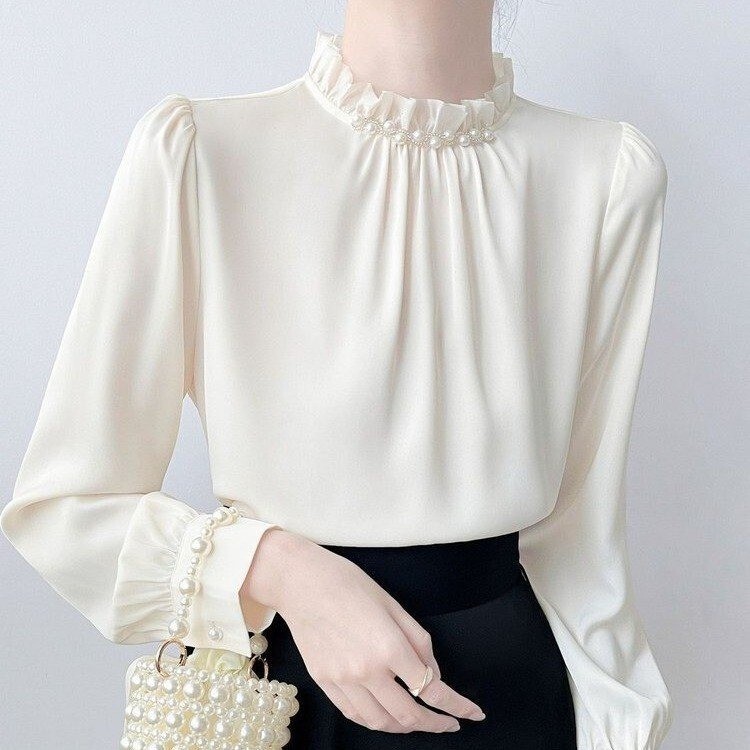 Ruffled stand-up collar, pleated design shirt, 2026 spring new women's long-sleeved satin top with a draping effect Ruffled stand-up collar, pleated design shirt, 2026 spring new women's long-sleeved satin top with a draping effect
