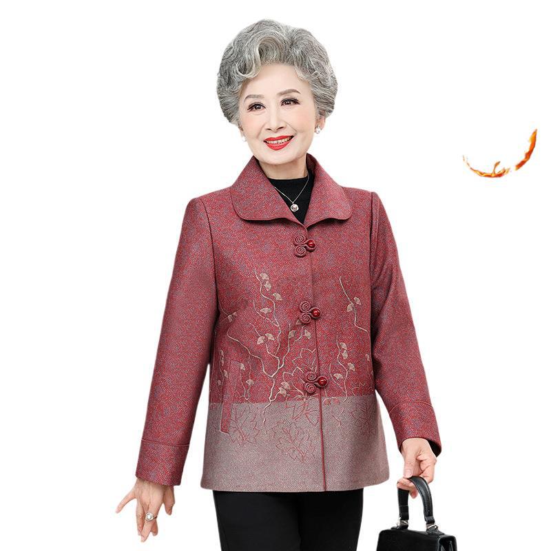Middle-Aged and Elderly Women's New Outwear Embroidered Cardigan Grandma Winter Top Mother's Outfit Fleece-Lined Thickeneded Warm Cover