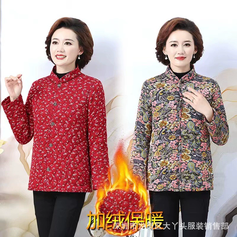 Утепленная хлопковая куртка для женщин среднего и старшего возраста, хлопковое пальто на флисовой подкладке для осени и зимы, утолщенная куртка с цветочным принтом для бабушки, уличный стиль для мам.