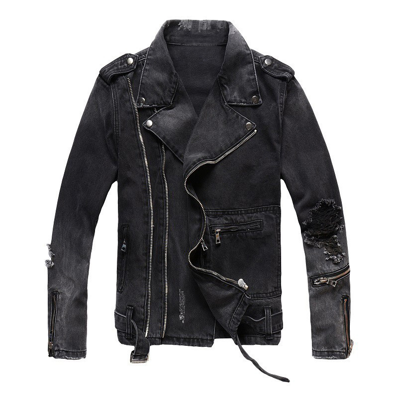 Punk Style Motorcycle Jacket Men's Ripped Casual Versatile Slim Black Denim Jacket Youth Top 403