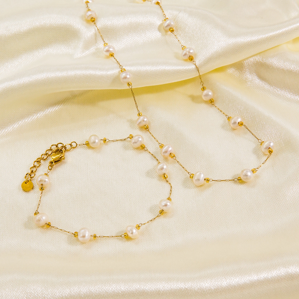 10g Weight PVD Coated Gold Plating Process 14K Gold, Real Gold Plated Plating Material PVD Coated 14K Gold Real Gold Plated Solid Color 304 Stainless Steel Imitation Pearl Simple Style Waterproof Non Tarnish Bracelets Anklet Necklace