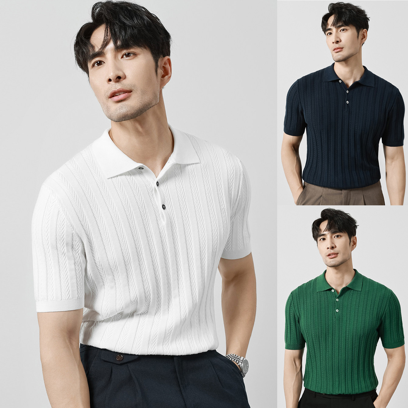 Polo camiseta de punto camiseta de manga corta hombre hueso de pescado estampado antiguo viento delgado camiseta de hielo seda de verano fábrica transfronteriza al por mayor