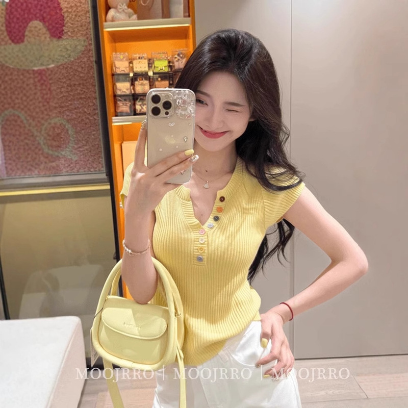 Yellow V-neck short-sleeved sweater women's summer pure temperament pure waist pinch thin short top