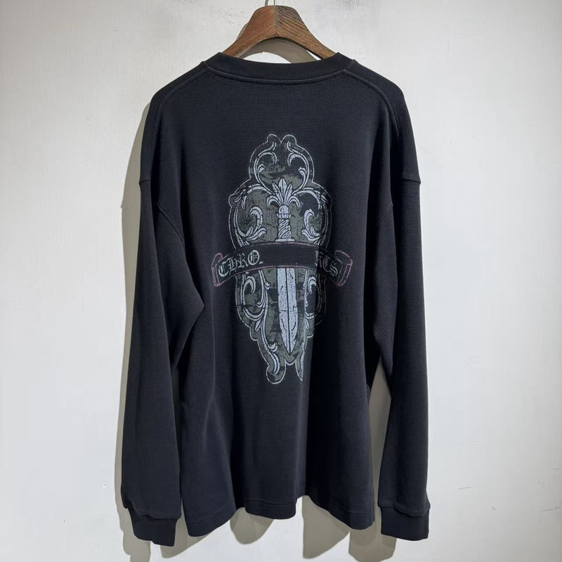 American Street Style 25Aw Sanskrit Sword Print Round Neck Long-Sleeved T-Shirt Trendy Brand Loose Retro Waffle Bottoming Shirt