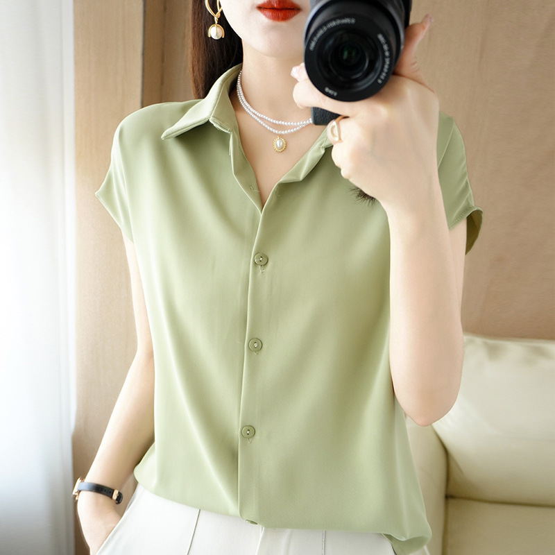 Summer New POIO Collar Acetate Satin Shirt Women's Solid Color Loose Slim Small Shirt Fashionable Outer Wear Cardigan Top