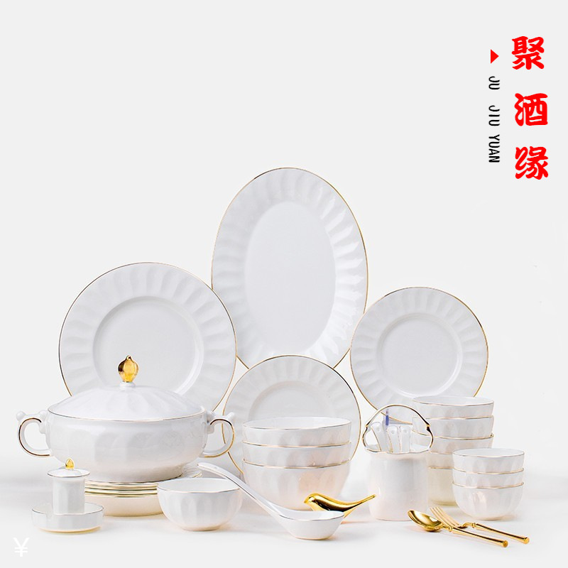 2022 New Arrival Dishes Household Full Set Jingdezhen Bone China Ceramic Tableware Phnom Penh High-end Light Luxury Tableware for Gifts