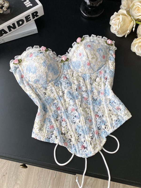 Sweet and Pure Three-Dimensional Flower Tube Top, Feminine Strappy Waistband, Fishbone Embroidered Sleeveless Top for Women to Wear Outside