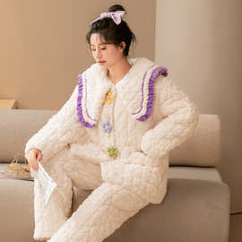 冬季加厚加绒睡衣女士可爱公主风三层夹棉袄珊瑚绒家居服保暖套装