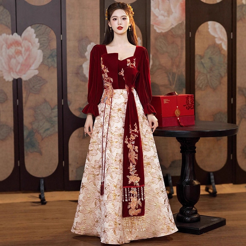 Long-Sleeve Toast Dress for Bride 2026 New Spring Engagement Dress Plus Size Slimming New Chinese Style Homecoming Dress