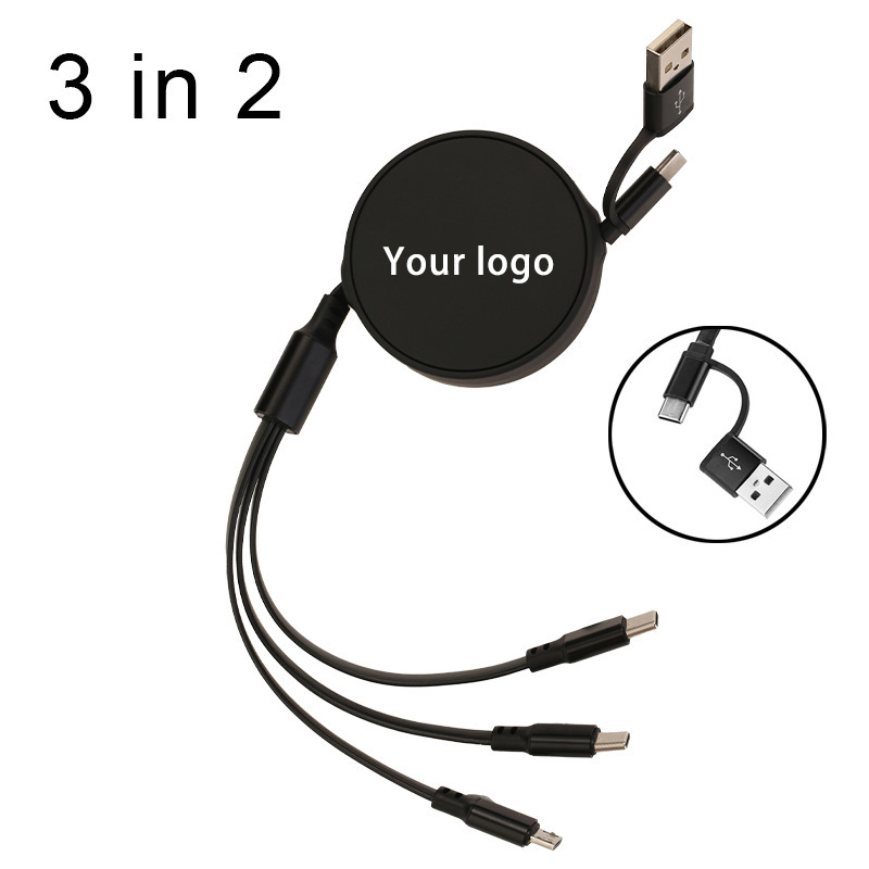 6A Matte Finish Retractable 3-in-1 Data Cable for Apple and Android Phones, Fast Charging Cable, Dual Type-C
