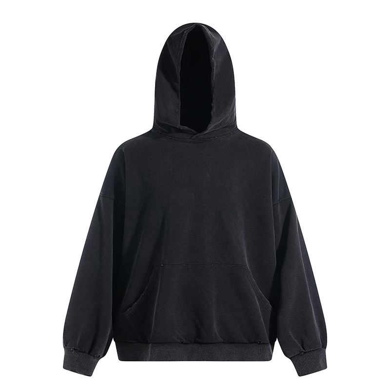 YZY Kanye wash water old wear 450 grams of solid color hooded sweater short wide version wash water black heavy men and women YZY Kanye wash water old wear 450 grams of solid color hooded sweater short wide version wash water black heavy men and women