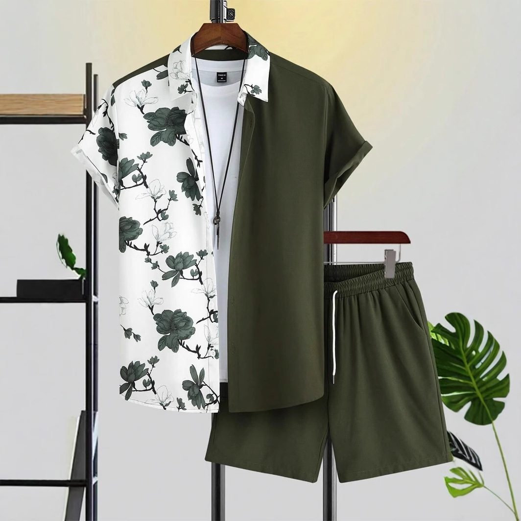 Ink Flower Colisions 3D Impresión digital Cross-border Xiyin Venta caliente Camisa de verano Pantalones cortos Conjunto Vacaciones en la playa