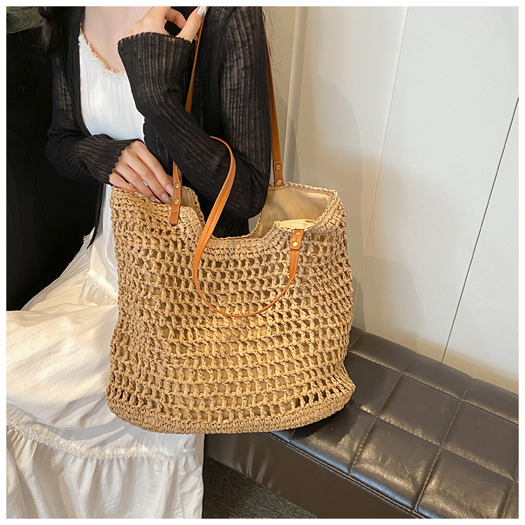 Seaside vacation 2024 new summer grass commuting tote bar large capacity handmade woven bag_voghion.com