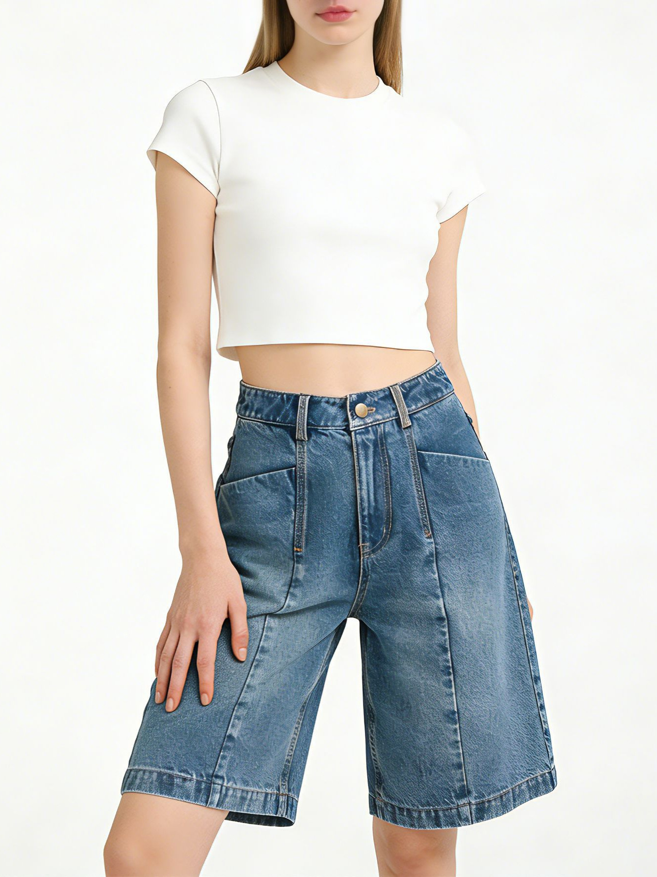 Quần short jean nam ống rộng dáng suông, cạp cao, phong cách đường phố Mỹ — xanh lam