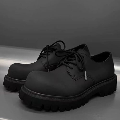 Derby shoes, men's low-cut Martin boots, British style round head shoes, black work shoes, thick soles, height-increasing casual leather shoes