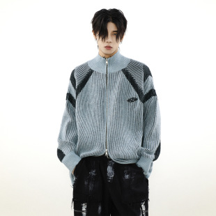 American Retro Design Sense Niche Fashion Contrast Color Striped Turtleneck Sweater Couple Knitted Cardigan Casual Jacket for Men
