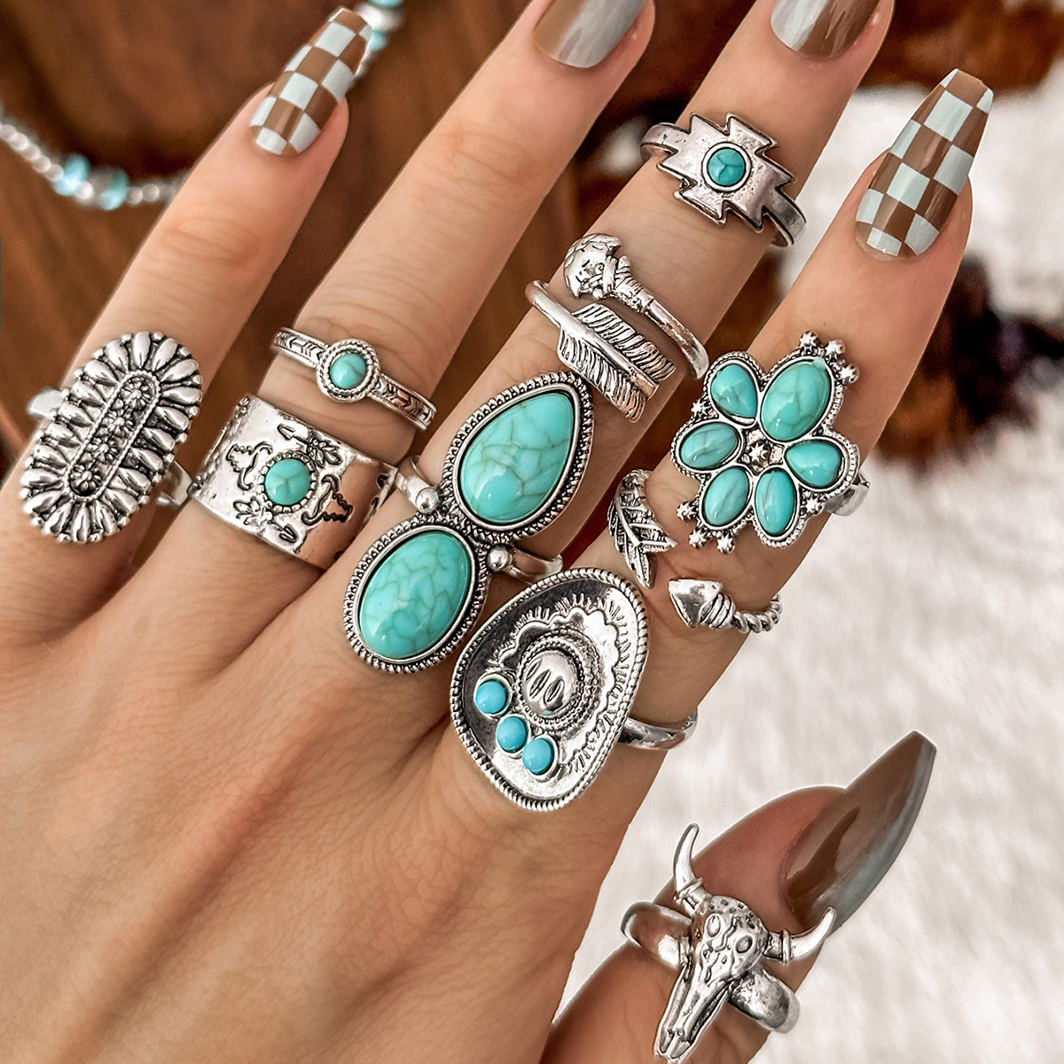 Ins Style Imitation Turquoise Ring Set Creative Bull Head Flower Feather Multi-Element Turquoise Ring 10-Piece Set for Women