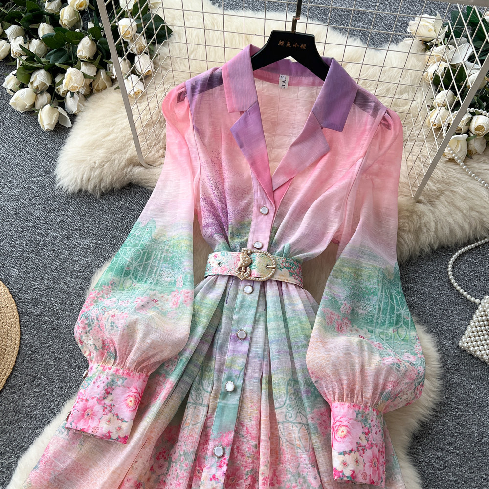 Women's French Romantic Gradient Print Dress Long Sleeve Single Breasted Button down Waist Tie Elegant Long Summer Dress_ecoleips.com