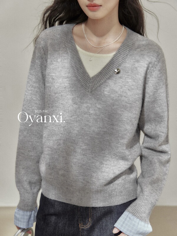 欧阳喜《慵懒格调》灰色v领假两件长袖针织衫女秋内搭打底衫上衣|undefined