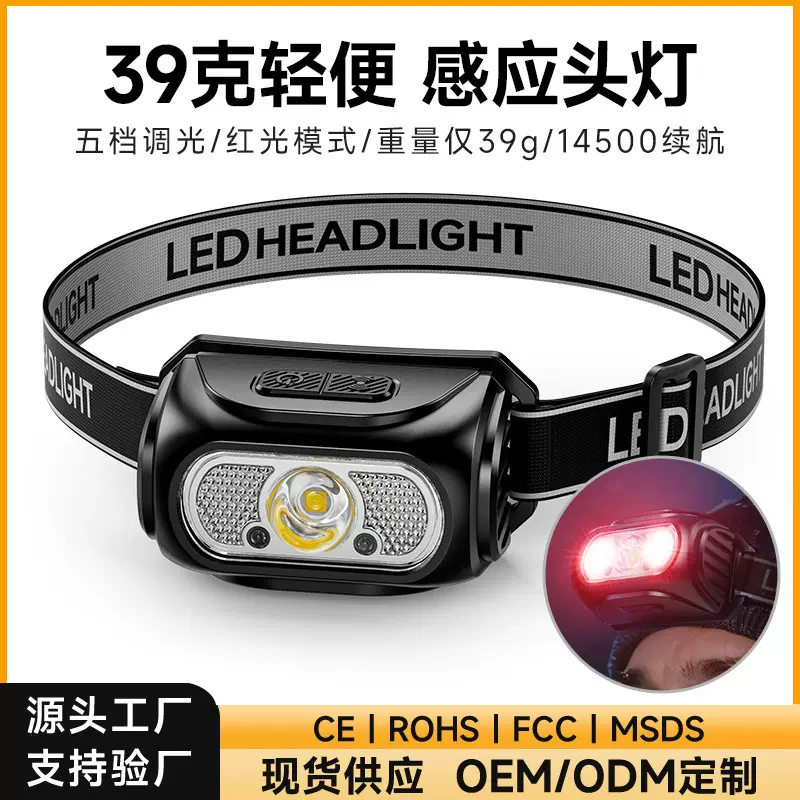 夜钓钓鱼用便携迷你头灯强光超亮感应超长续航锂电头戴式野外矿灯