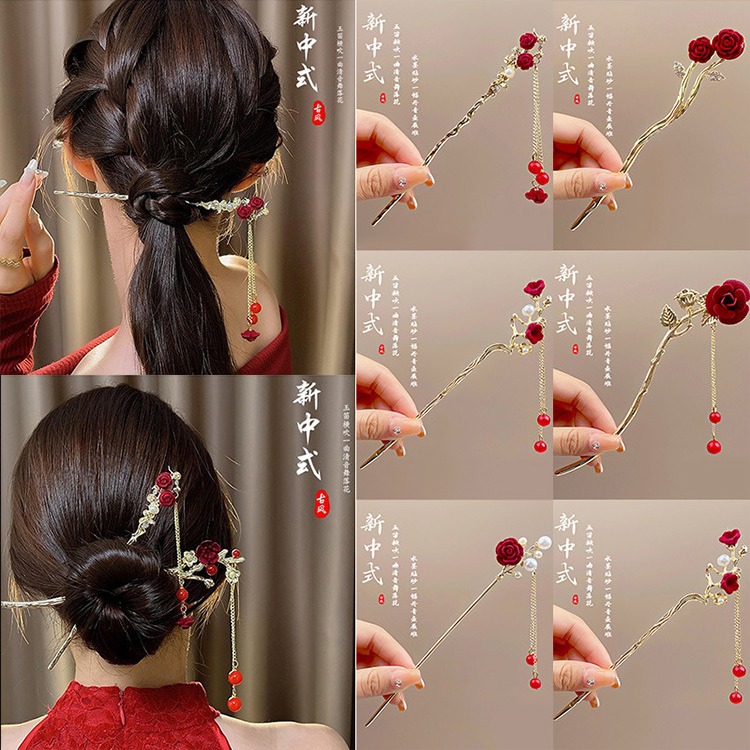 new chinese red rose u-shaped tassel hairpin women‘s high sense updo gadget horse-face skirt hairpin accessories headdress