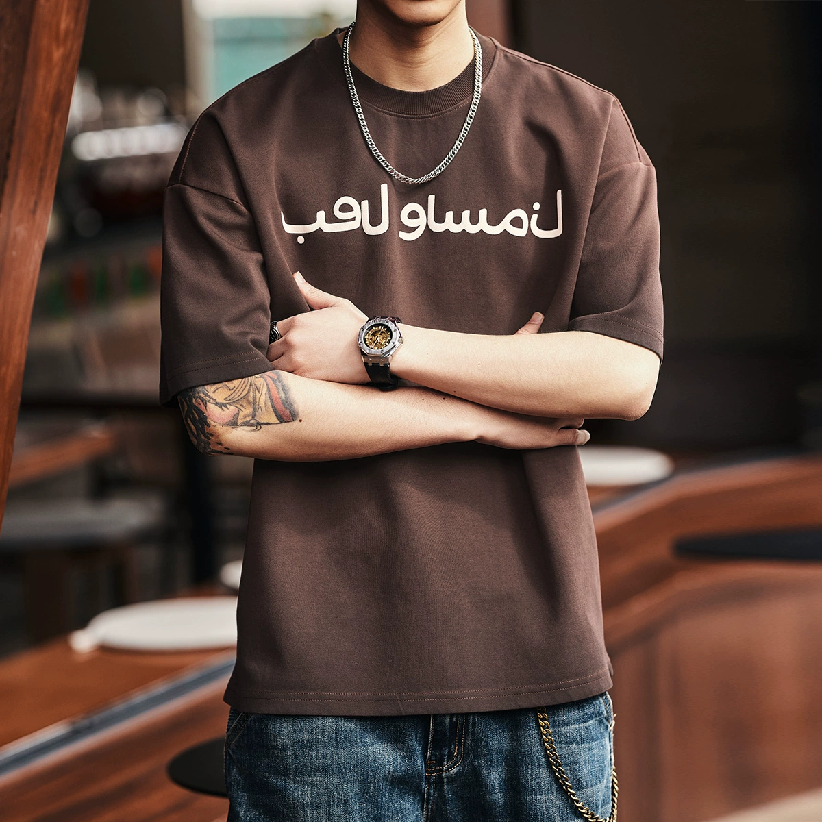Summer red short sleeve T-shirt for leisure, American style, oversize
