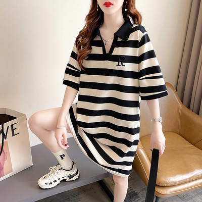 Tiktok quality POLO t-shirt 2022 Korean Edition stripe Lapel Embroidery new pattern jacket Women's wear