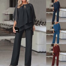 跨境女装 ebay独立站新款欧美时尚纯色宽松休闲蝙蝠袖不规则套装