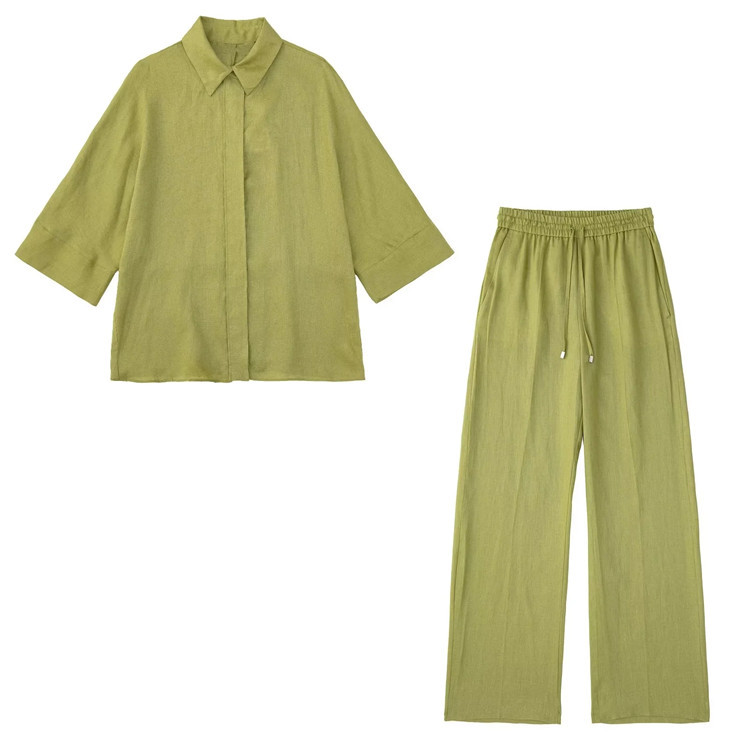 速卖通女装 2022秋季亚麻两件套宽松衬衫+宽松直筒长裤休闲套装女