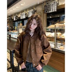 美式复古鹿皮绒棒球服外套夹克开衫春秋新款小个子短款机车服上衣