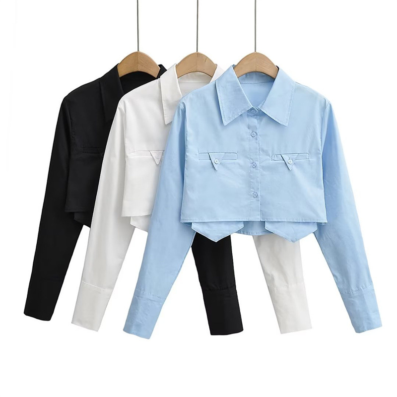 欧美风INS小众设计感上衣早秋款时尚高腰短款衬衫修身显瘦内搭女