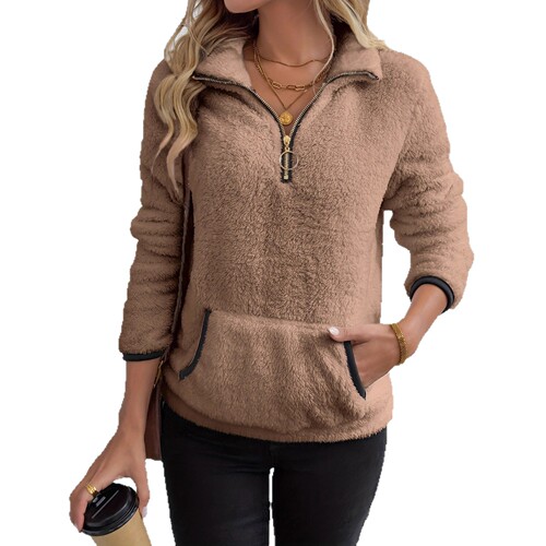 2025 European and American Women's Autumn Half-Neck Zippered Pockets Hooded Sweatshirt with Plush Material