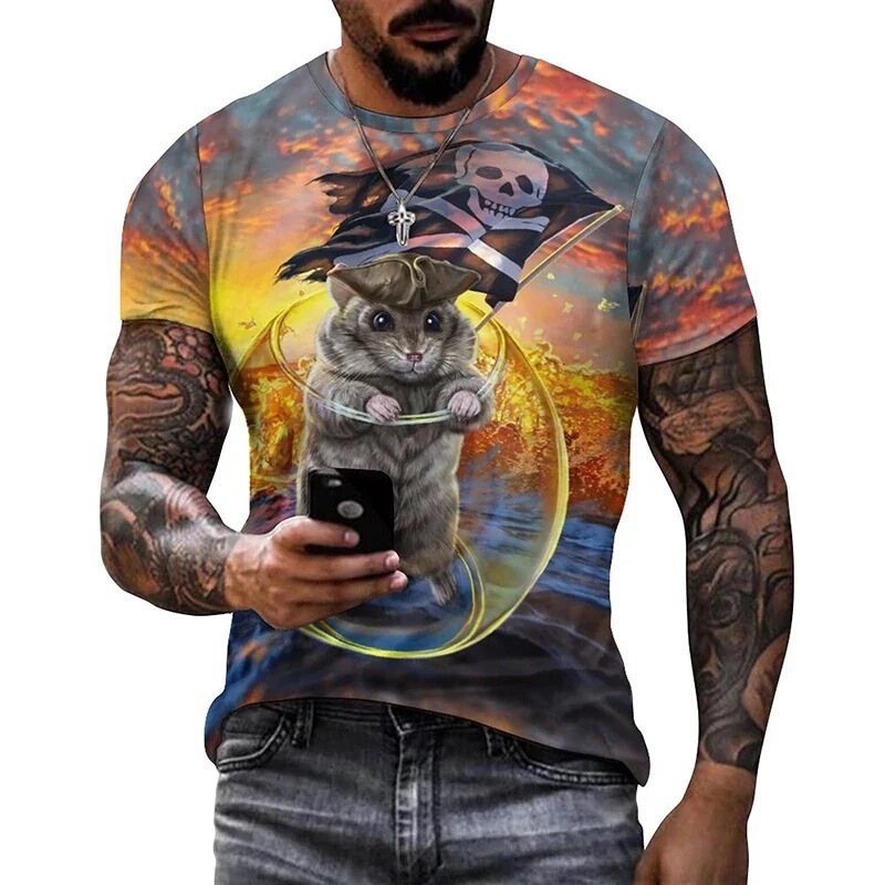 Interesting Cat Pattern 3D Printing Cross-Border New Adult and Kidsren Short-Sleeved T-Shirt Factory Direct Sales Export Supply