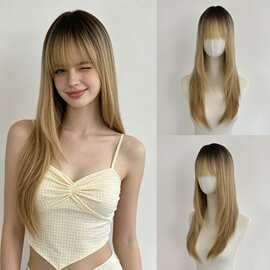 亚马逊跨境Layered Straight Wig with Bangs玫瑰网哑光丝全头套
