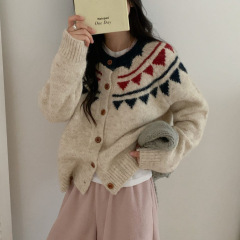 秋冬新款提花撞色毛衣外套女日系复古宽松慵懒风加厚休闲毛衣外套