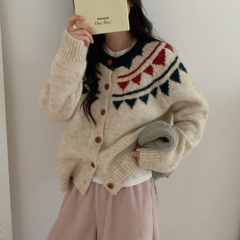 秋冬新款提花撞色毛衣外套女日系复古宽松慵懒风加厚休闲毛衣外套|undefined