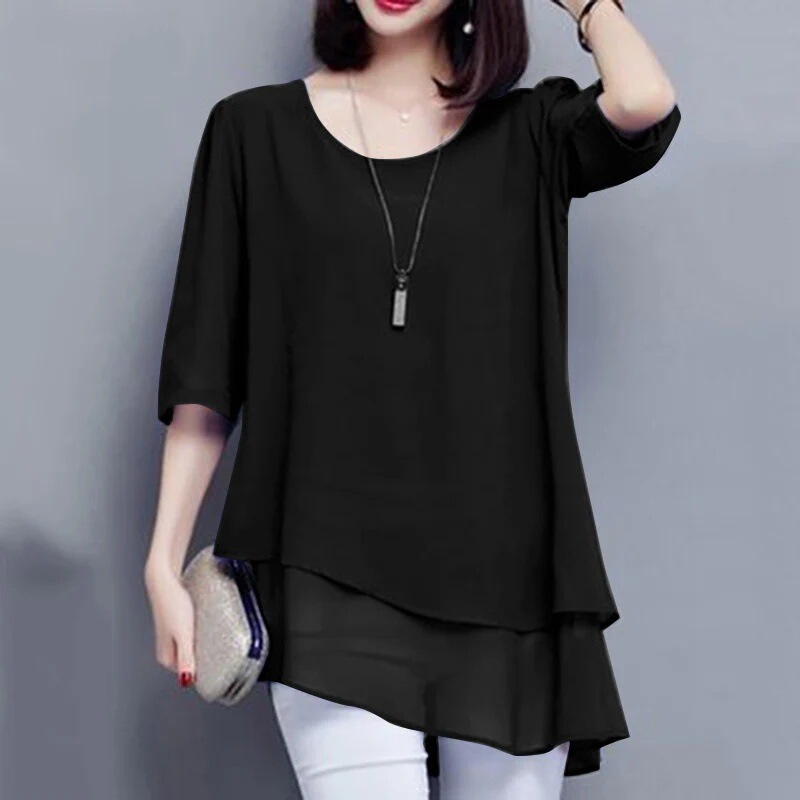 Cross-Border 2025 Women's 3/4 Sleeve Double Layer Chiffon Shirt O-Neck Casual Irregular Shirt Fashion Top