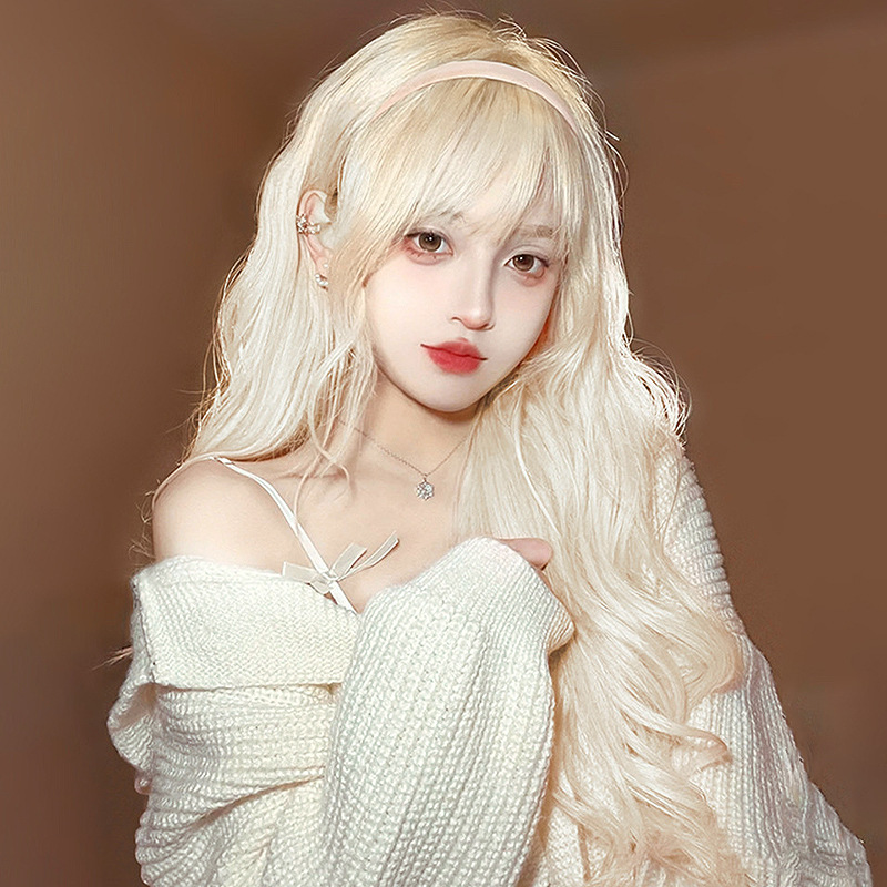 Lolita Wig for Women with Long Hair, Internet Celebrity with Bangs, Reduces Age, Golden Big Waves, Full Headband, Long Curly Hair