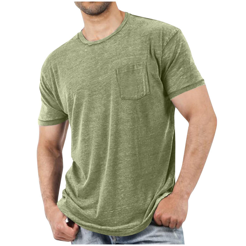 [in Stock] European and American Men's Casual Fitness Pocket Solid Color Vintage T-Shirt Round Neck Short Sleeve Top