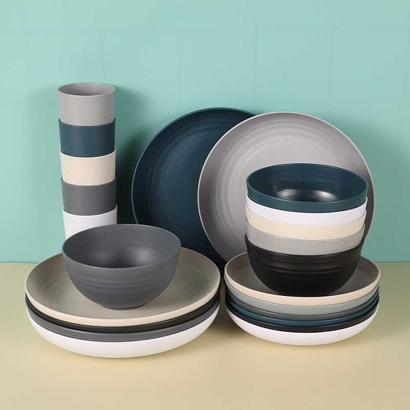 Amazon Cross-border Wheat Straw Plates, Bowls, Cups, and Saucers Outdoor Dinnerware Set for Home Use