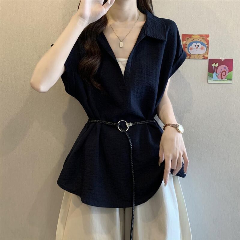 Summer New Style Raglan Sleeve Faux Two-Piece Waist-Cinching Shirt Fashion V-Neck Plus Size Slimming Top for Women Ins