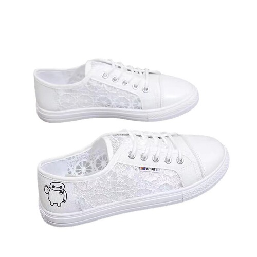  Summer New Lace Breathable White Women's Korean Style Student Shoes Net Canvas Flat Shoes Dropshipping