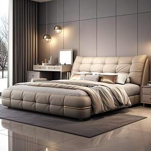 Modern Minimalist Top-Layer Genuine Leather Bed 1.8m Light Luxury Master Bedroom Bed with Storage French Cream Style Internet Celebrity Double Wedding Bed